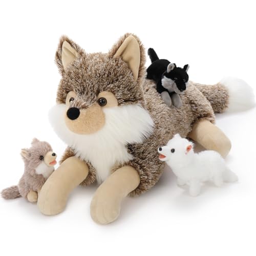 MorisMos liegend Wolf Kuscheltier XXL, 50cm riesen groß Plüschtier Wolf mit 3 Baby, PlüschWolf Stofftier Weich Spielzeug, Geburtstag Geschenk für Kinder
