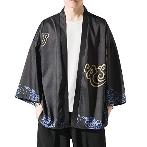 Image of Men's Japanese Kimono Robe Jacket Lightweight 3 /4 Sleeve Open Front Yukata | Silky Smooth Fashion Print Happi Coat Lightweight Breathable Loose Unisex Haori Casual Summer Cardigan Daily Beach Vacation