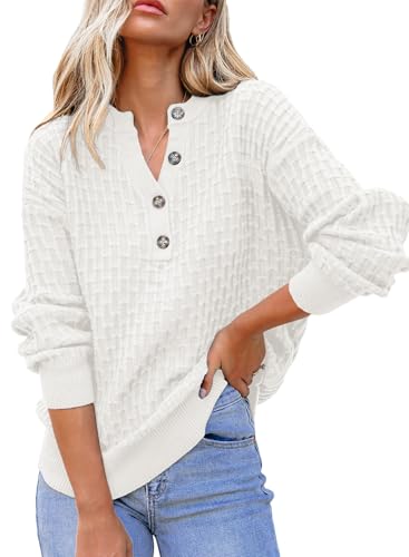 Dokotoo Womens Sweaters 2025 Casual Long Sleeve Henley Shirts V Neck Textured Button Fall Sweater Loose Fit Jumper Tops