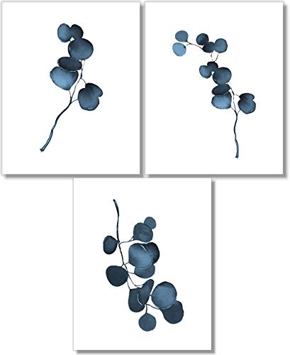 Botanical Prints Wall Art - Eucalyptus Leaves Decor - Blue Wall Art - Set of 3- Unframed (5x7)