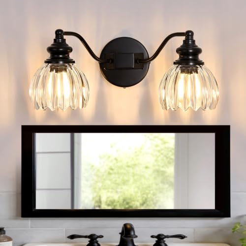 Image of Piepooye Modern Bathroom Lights Fixtures 2 Lights Black Vanity Light with Glass LampShade E26 Bulb Indoor Vanity Light Over Mirror for Bedroom Farmhouse Kitchen Living Room