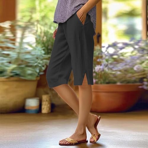 Women's Linen Bermuda Shorts Knee Length Casual Summer Linen Capri Shorts Lightweight Beach Pants with Pockets4