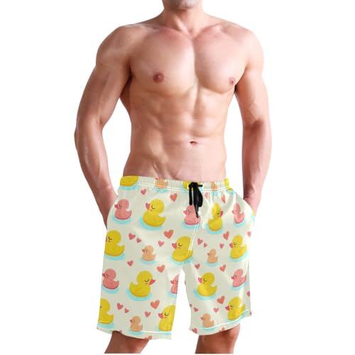 Cute Rubber Duck Heart Yellow Mens Swim Trunks Quick Dry Beach Shorts with Pocket S 23022224