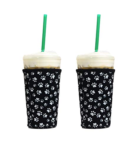 Baxendale and Co Reusable Neoprene Insulator Sleeves for Iced Coffee and Cold Drink Cups (2 PK Medium 22-24oz, Black Animal Paw Print)
