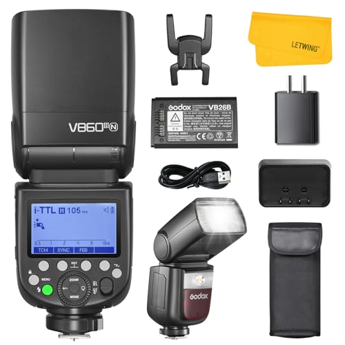 Godox V860III-N TTL Flash pour Nikon, 2.4G Externe Flash 1/8000s HSS Speedlite, 10 Levels LED Modeling Lamp, 480 Flashs Pleine Puissance,Compatible pour Nikon Caméra(Godox V860II-N Version Améliorée)