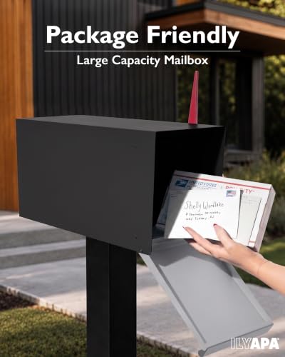 Image of Ilyapa Large Modern Mailbox for Outside - Black - Post Mount