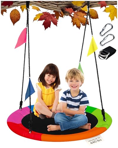 PLAYVIBE 40-Inch Saucer Swing for Kids Outdoor - Multicolor Tree Swing - 440lb Capacity - 600D Oxford Waterproof Fabric & Hanging Straps - Kids Outdoor Toys