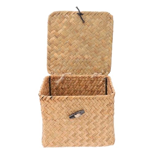 CHILDWEET Caja de Almacenamiento Cuadrada de Paja Trenzada Pequeña con Tapa Naranja Cesta de Paja con Tapa para Té Contenedor de Almacenamiento Multifuncional para Hogar y Cocina
