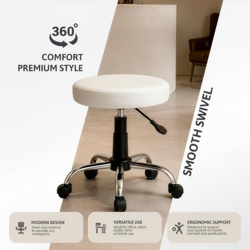Image of DIYA Seating Nexa Round Stool (1 Year Warranty) with Adjustable Height, Wheels and Bonded Leather Upholstery, Sitting Stool for Salon, Doctor, Medical, Spa, Restaurant, Kitchen, Musicians- White