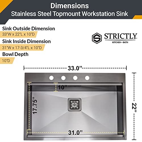 Strictly Sinks 33” Topmount Kitchen Workstation Sink-Gunmetal Black Single Bowl 16 Gauge Stainless Steel Drop In Sink, Acrylic Cutting Board,Cutting Board With Strainer Bowl & Bottom Protector Grid #TOP4