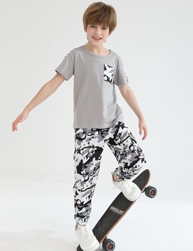 Image of mksodopy Boys Clothes Outfits Set, Camo Cargo Pants and Short Sleeve Pocket Tee 2PC Summer Tracksuit for Kids 5-16Y