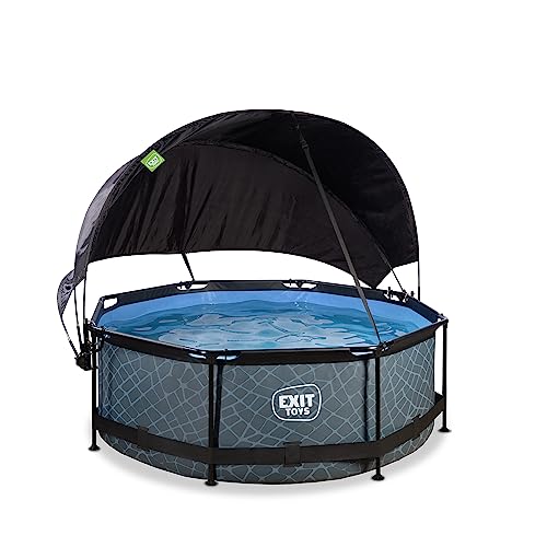EXIT Toys Stone Pool mit Sonnensegel - ø244x76cm - Kompakte, Runder Rahmenpool mit Kartuschenfilterpumpe - Optimaler UV-Schutz - Leicht Zugänglich - Starker Rahmen - Einzigartiges Design - Grau