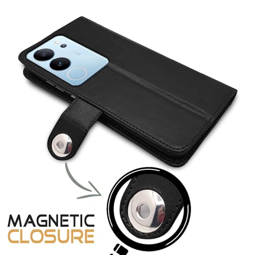 Image of Pikkme Vivo V29 / V29 Pro 5G Flip Cover Leather Finish | Inside TPU with Card Pockets | Wallet Stand and Shock Proof | Complete Protection Button Flip Case (Black)