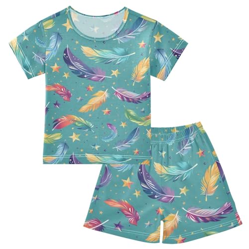 ALAZA Bird Feather Star Pajamas Short Sleeve 2 Piece Sleepwear Top and Bottom Pajama Set Unisex