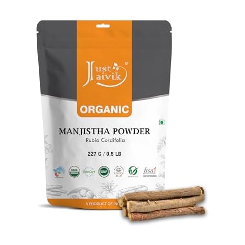 Just Jaivik 100% Organic Manjistha Powder - Certified Organic by OneCert Asia, 227 gms / 1/2 LB Pound / 08 Oz - Rubia cordifolia - Promoting healthy and clear skin (AN USDA Organic Certified Herb) Cover
