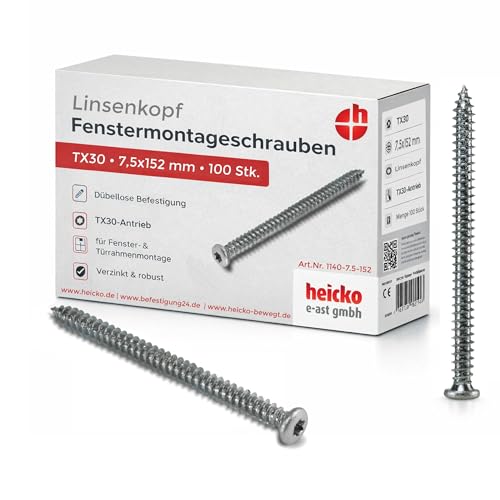 Fensterrahmenschraube/Montageschraube mit Senkkopf, verzinkt blau, TX30-Antrieb, verschiedene Abmessungen (Linsenkopf, 7.5x152 mm)