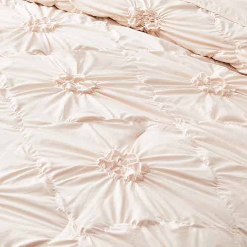 Image of Beige Comforter Set Full Size Bed in A Bag 7 Piece Pinch Pleat Bedding Set,Pintuck Ruched Flowers Bed Set with Comforter, Sheets, Pillowcases & Shams