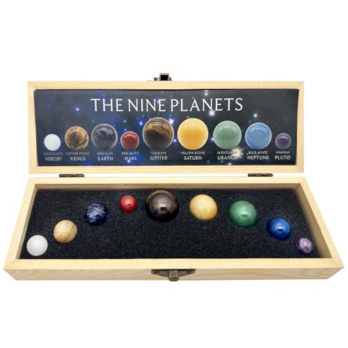 Handcrafted Solar System Model 9 Planets Natural Gemstones Sphere Gemstone Planets with Wooden Box Solar System Gems Decor Astronomy Gifts Planet Gift for Astronomy Enthusiasts
