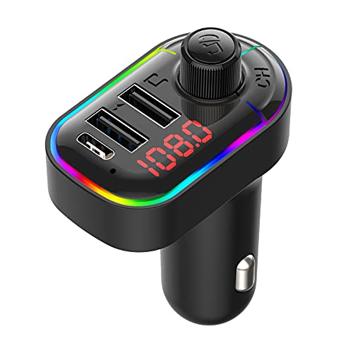 Eessley Bluetooth 5.0 FM Transmitter for Car, Wireless Radio Adapter Kit, Hands-Free Calling, MP3 Player, Charger With USB C Port & 2 USB Ports