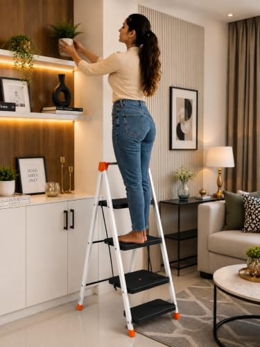 Image of CIPLA PLAST Polo 4-Step Foldable Ladder for Home & Office | Heavy Duty Anti-Slip Wide Steps | Lightweight Aluminium Step Stool | Safety Lock & Non-Slip Feet | Multi-Purpose Folding Ladder