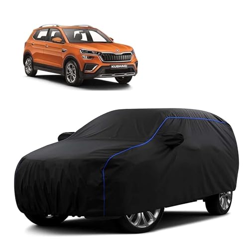 Image of Sulfar 100% Water Resistant Car Body Cover Compatible with Mirror for Skoda Kushaq (Triple Stitched, Full Bottom Elastic, Black Tafetta with Blue Piping)