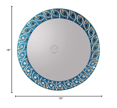 Image of Round Wall Mirror - Round Mirror, Rustic Accent Mirror for Bathroom, Entry, Dining Room, & Living Room. Metal Round Mirror for Wall (Turquoise 1, 12 inch x 12 inch)