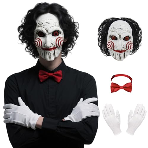 Oumbivil Saw Billy Costume Mask Adult Horror Movie Full Head Latex Mask with Hair Scary Halloween Costumes Clown Puppet Cosplay with Red Bow Tie and Gloves Party Masquerade Props OU084