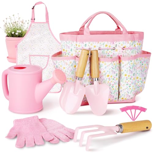Kids Gardening Set Gardening Tools Kit for Kids and Toddler Includes Wooden Rake Two Shovels Gloves Watering Can Apron and Tote Bag Outdoor Toys for Girl Boy Pink