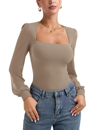 Image of PINKMSTYLE Women's Square Neck Double Lined Mesh Long Sleeve Bodysuits | Sheer Puff Sleeve Body Suit,Slim fit Trendy Going Out Tops,Concert Outfit
