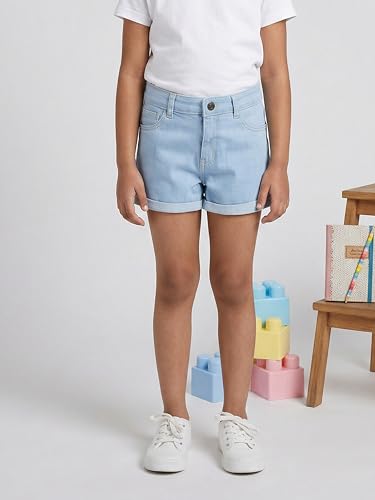 Image of KiddoPanti Girls Tight Length Rollup Denim Shorts with Lavender and Pink 3D Crochet Flowers