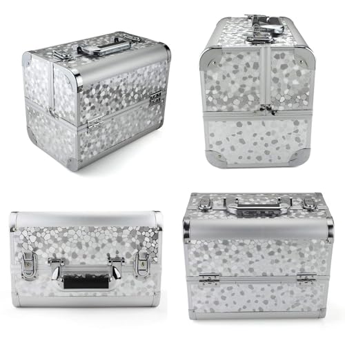 Image of Adson Professional Makeup Box Cosmetics Case Jewelry Organiser Vanity Make Up Storage Box Beauty Train Case Lockable with Keys (Cloudy Smoke Silver)