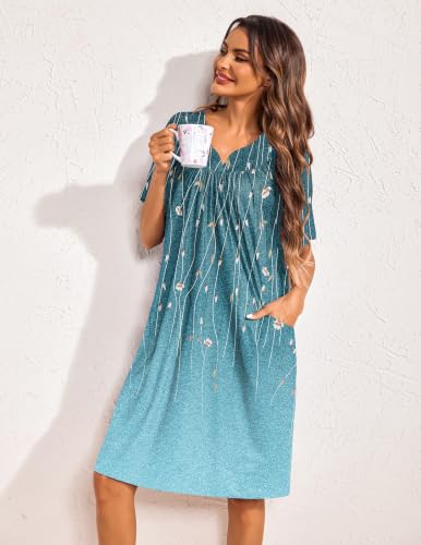 Image of Ekouaer 2 Pack House Dresses for Women with Pockets Short Sleeve Moo Moos Floral Print Mumu Dresses