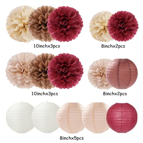 Image of Burgundy-Brown Champagne Party-Decorations Paper-Flowers Lanterns - 15PCS Fall Boho Tissue Pom Poms Streamers,Autumn Rustic Baby Shower Neutral Wedding Birthday Decor Hugfond