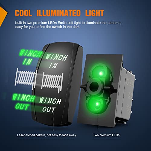 Nilight Winch Rocker Switch Momentary Toggle ON-Off-ON DPDT 7Pin 12V 24V Jumper Wires in Out Switches Green for Cars Trucks Caravans Boat