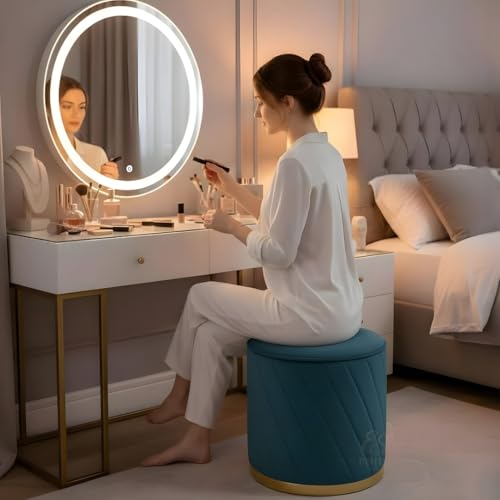 Image of Luxury Round Velvet Ottoman Stool with Gold Base - Modern Upholstered Footrest Pouffe, Tufted Vanity Seat, Living Room Bedroom Dressing Stool (Aqua)