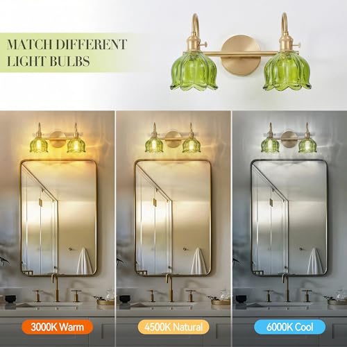 Image of 2-Light Vintage Bathroom Light Fixtures, 14.5 inch Hardwired Vanity Lights with Green Tulip Glass Shades, Brushed Gold Antique Wall Lights for Mirror Restroom Bedroom Living Room(Bulbs Not Included)