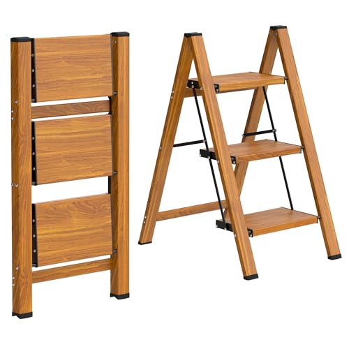 HBTower Step Ladder,Lightweight Aluminum Folding Step Stool with Anti-Slip Wide Pedal,330lbs Capacity Step Ladder for Household,Kitchen,Office - Woodgrain
