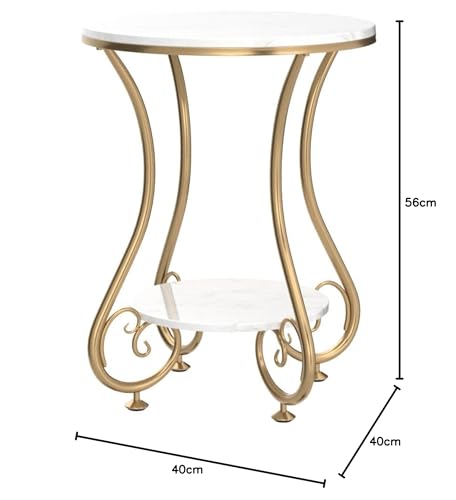Image of Modern Marble Top Side Table with Metal Frame | Round End Table for Living Room & Bedroom (White Gold)