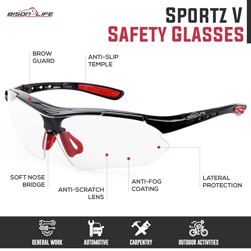 Image of BISON LIFE Vison Safe SportzV Safety Glaases - Clear Lens Black Temple Anti-Scratch Anti Fog Red Soft Rubber Nose Pads & Soft Touch Temple Tips, Outdoor Sports Construction Eyewear for Men & Women