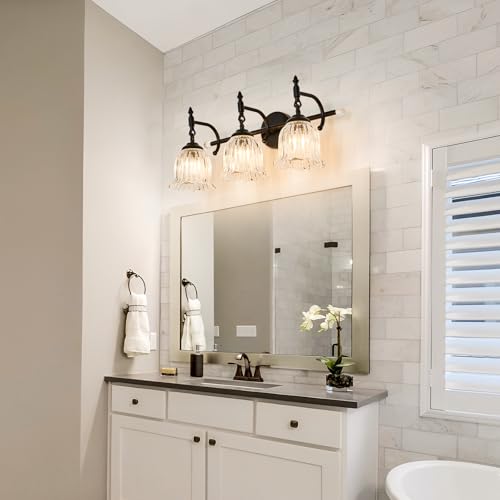 Image of CVKASH 3-Light Bathroom Vanity Light Fixtures Over Mirror,Black Modern Vanity Light with Glass Shade Vintage Wall Sconce for Bedroom Dressing Room Living Room Hallway Cabinet
