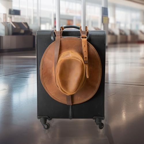 Image of Hat Harness, Hat Holder for Travel Transporting, Ideal for Purses, Totes, Bags, Backpacks and Luggage, Full Grain Leather, Handmade, Bourbon Brown