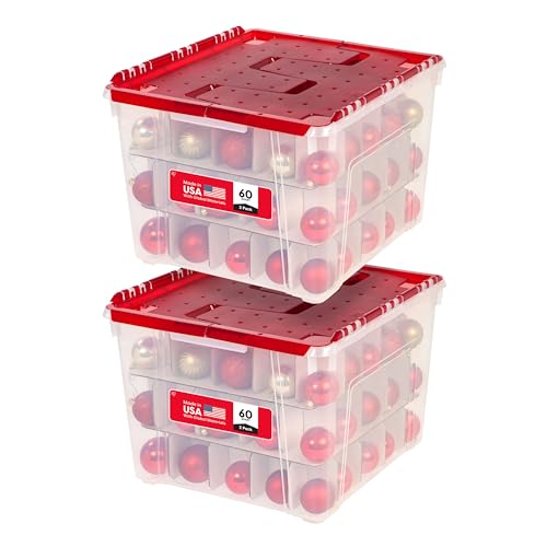 IRIS USA Ornament Storage Box with Attached Lid, Stores 75 Ornaments per Bin, 2-Pack, Stackable Durable Christmas Storage Organization Container Bin for Holiday Decorations and Accessories, Clear/Red