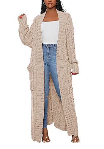 NRTHYE Women's Long Sleeve Open Front Cable Knit Long Cardigan Sweater with Pockets Loose Sweater Outwear Coats