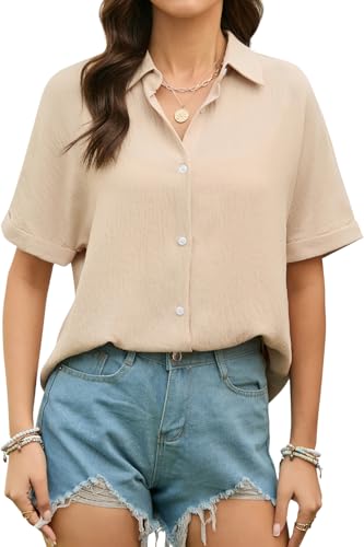 Stamain Chemise Femme Manche Courte Chemises Ete Femme Chic et Élégant Col V Décontractées Boutonnées Chemisiers Kaki Amples M