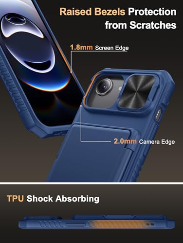 Image of Vihibii for iPhone 17e /16e Back Cover Wallet with Card Holder (4 Cards) [RFID Blocking] & Slide Camera Cover, Military Grade Drop Protection, Rugged Back & Silicone Edge Case for 17e /16e 6.1 inch, Blue