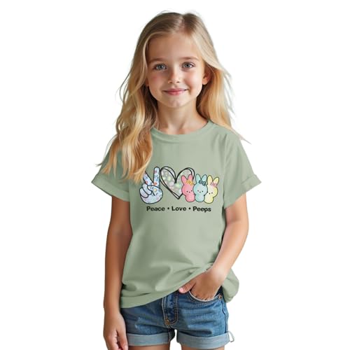 Image of SOFEON Kids Girls Easter Shirt Bunny Peace Love Peeps T-Shirt Cute Funny Rabbit Graphic Tees Short Sleeve Casual Tops