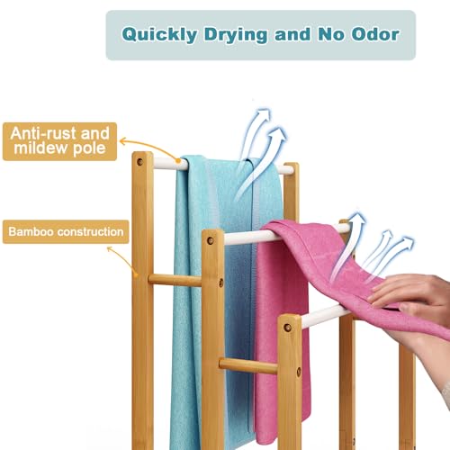 Dripex Freestanding Towel Rack, Towel Shawls Holder with Bamboo Storage Shelf, Stainless Steels Rods, Bamboo Frame, Lightweight, for Home, Bathroom (L46xW24xH76/86/96cm) - Cosy Home Interiors Dripex Freestanding Towel Rack, Towel Shawls Holder with Bamboo Storage Shelf, Stainless Steels Rods, Bamboo Frame, Lightweight, for Home, Bathroom (L46xW24xH76/86/96cm) - Image 4