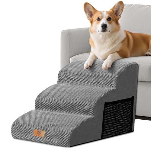 Scaletta per Cani 3 Gradini, Masthome Scala per Cani in Spugna, Rampa Cane per Letto/Divano, Scale per Cuccioli, Gatti e Animali Anziani/Feriti, con Copertura Rimovibile e Lavabile (Grigio)