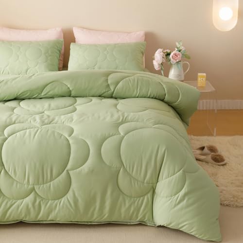 Image of KAREVER Sage Flower Comforter Queen Green Sunflower Print Bed Queen Comforter Set 3 Pieces Green Floral Comforter Set for Women Girls Bedroom Decor All Season Hotel Quality Comforter Set