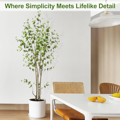 Image of Artificial Enkianthus Tree 6.5ft Tall Fake Plant with Lifelike Leaves and Trunk - Large Indoor Floor Plant in White Pot for Living Room, Bedroom, Office Decor